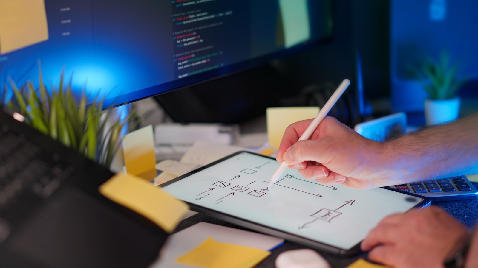 Someone is drawing on a tablet at their desk.