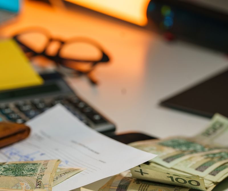 Scattered Polish zloty banknotes with financial documents on an office desk.