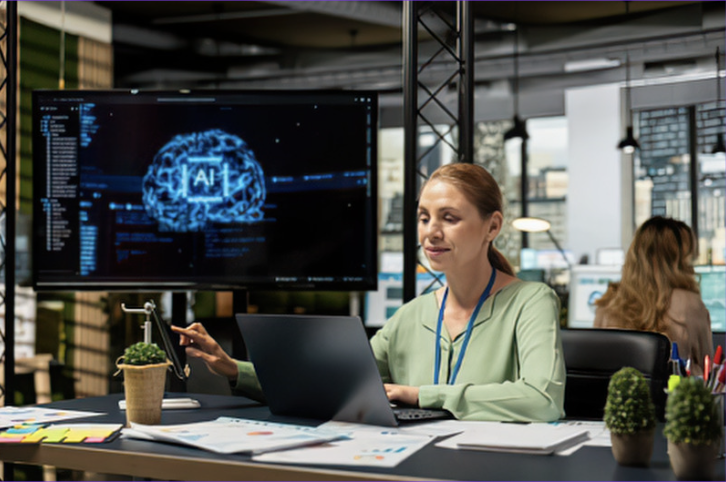 A professional working at a laptop in a modern office while an AI interface is displayed on a large screen, illustrating how artificial intelligence is transforming website development through automation, smarter coding workflows, data-driven insights, and more efficient digital experiences.
