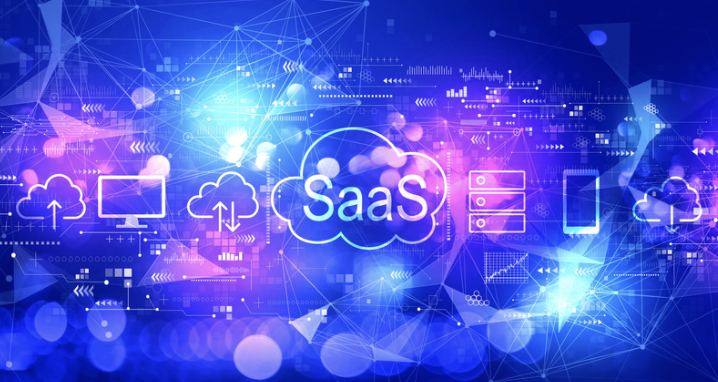 The image represents a SaaS Website built on scalable cloud infrastructure, enabling users to access software services online across multiple devices with connected data and systems.
