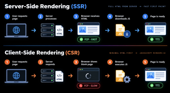 A dark comparison infographic showing SSR vs CSR through two step-by-step rendering timelines.