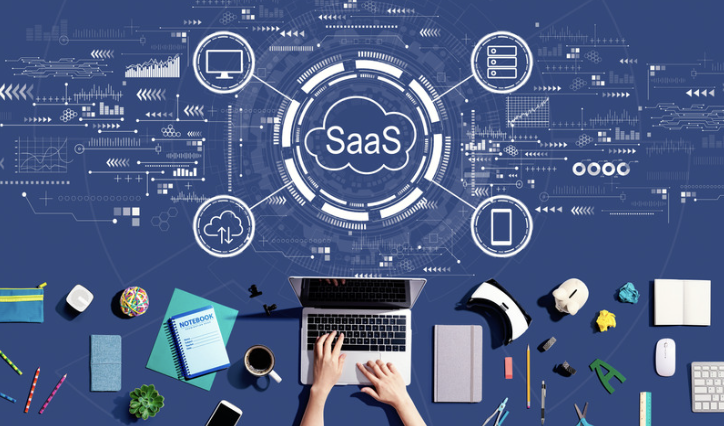 The image represents SaaS web development, including cloud-based architecture, cross-device access, scalable infrastructure, data management, and the development of subscription-based web applications.